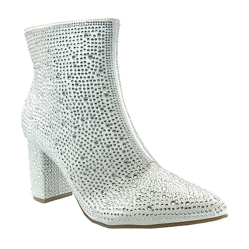 ABSOLEX Women's Pointed Toe Rhinestone Ankle Booties Heel — White