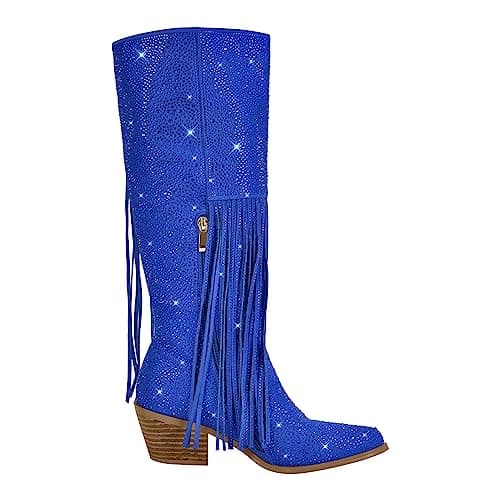 Richealnana Calf High Boots for Women with Sparkle Rhinestones and Fringe Tassels