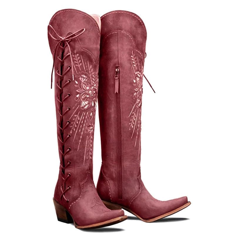 Yolkomo Wide Calf Embroidered Western Cowgirl Boots — Burgundy