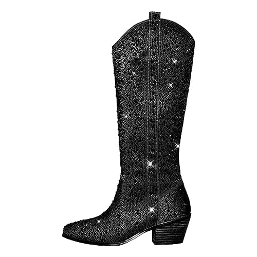 Richеalninni Sparkle Rhinestone Cowboy Boots for Women — Diamante Black