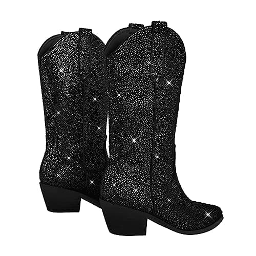 Richealnana Women's Rhinestones Mid Calf Boots with Chunky Heel Crystals