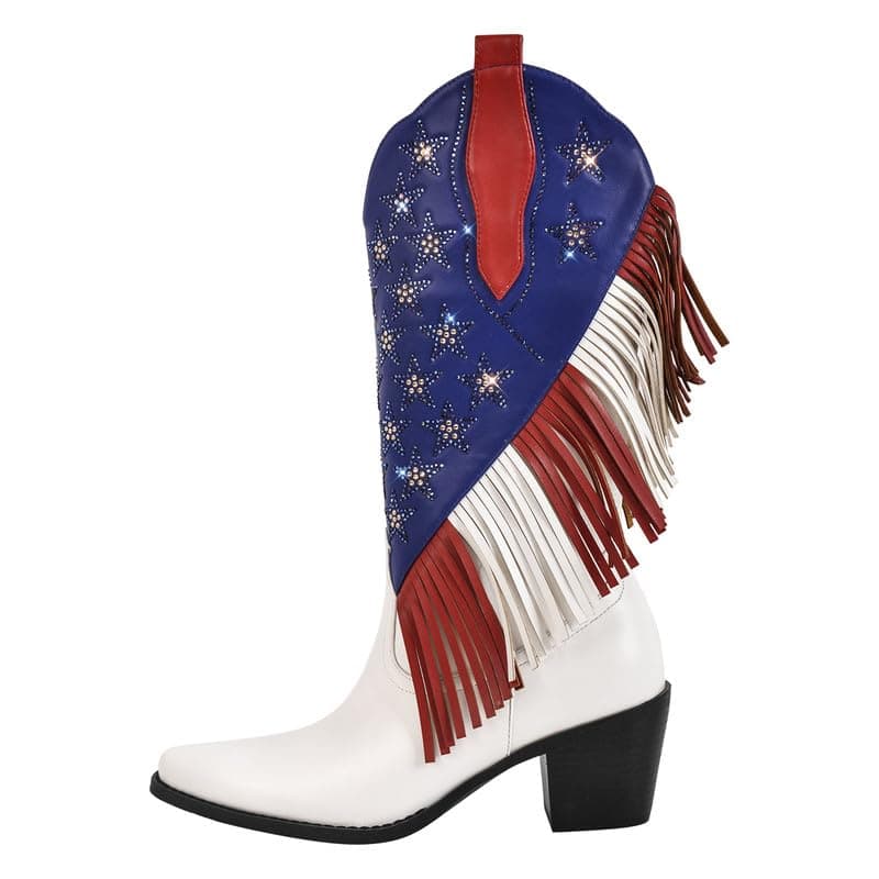 Richealnana Women's Calf High Tassel Fringe Cowgirls Boots Multicolor