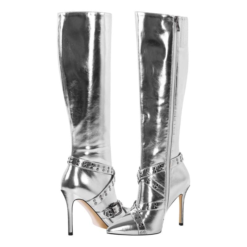 Women's Calf High Knee Straps Zipper Stilettos Boots
