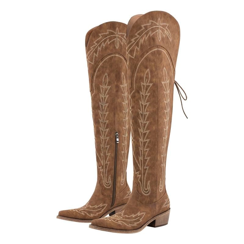 Sexytag Thigh High Western Cowboy Boots with Embroidery — Brown