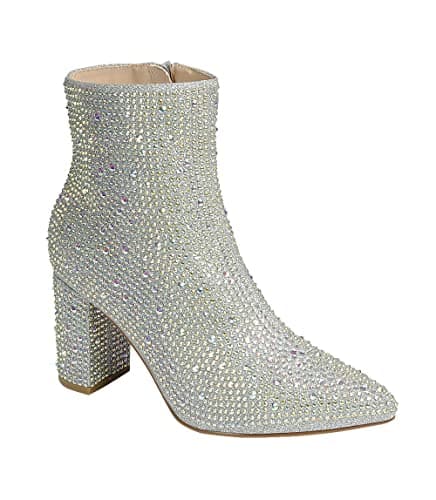 ABSOLEX Women's Pointed Toe Rhinestone Ankle Booties Heel — Silver