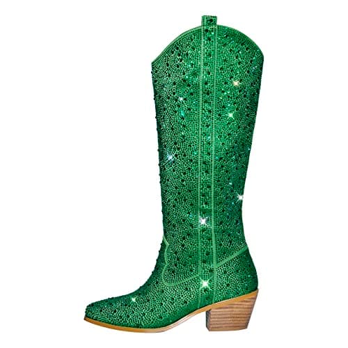 Richеalninni Sparkle Rhinestone Cowboy Boots for Women — Green Crystals