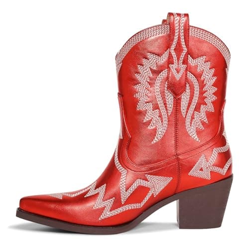 Western Metallic Embroidered Boots for Women - HOCHFART Wide Calf Heel Pull-OnCowgirl — Red