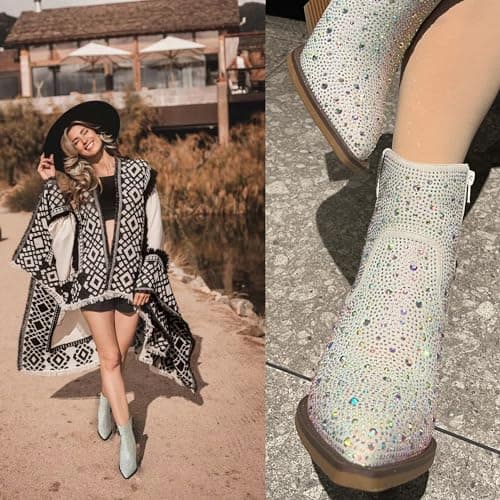OOHRHN Women's Glitter Rhinestone Cowboy Booties Chunky Heel Pearl Detail