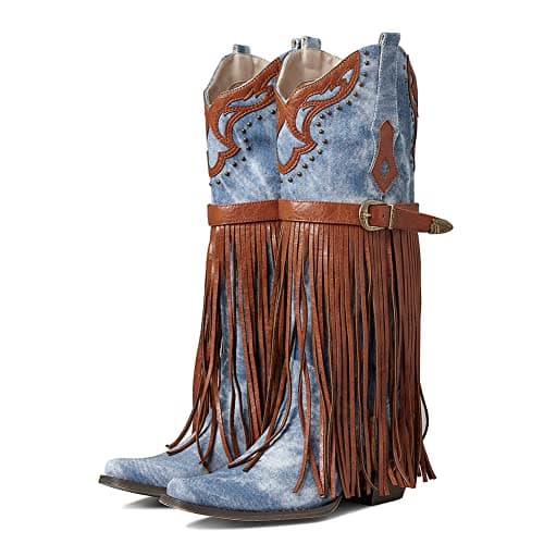SaraIris Women's Fashion Pointed Toe Western Bootie, 2.75" Heel, Embroidered Fringe, Mid Calf Boots