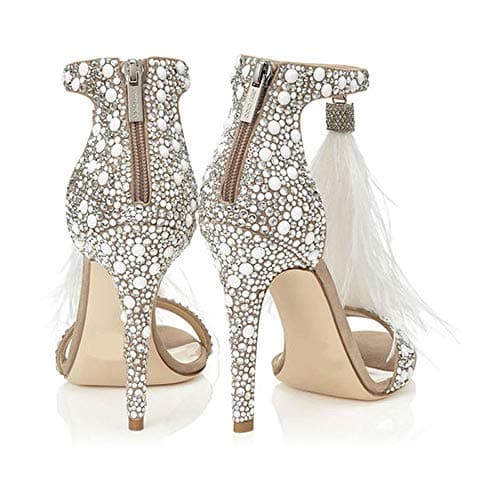 Hinyyrin Women's White Stiletto Heeled Rhinestone Tassels Wedding Sandals