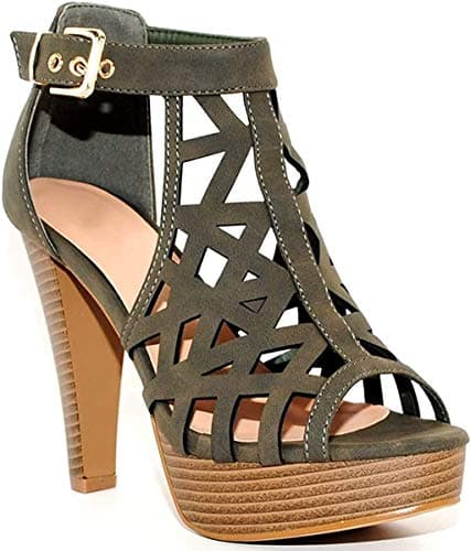 TRENDSUP Open Toe Ankle Strap Stacked Heel Sandal — Olive