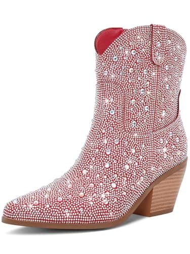 RONILURN Women's Cowgirl Ankle Boots with Rhinestone Heel — Ankle Red