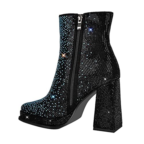 Richealnana Women's Rhinestone Chunky Heel Platform Ankle Boots