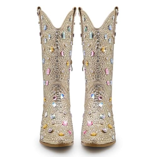 Sparkle Rhinestone Cowboy Boots for Women Western Mid Calf Glitter Pull-on Zipper Boots