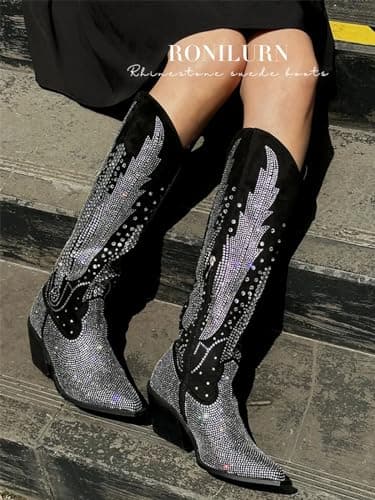 RONILURN Women's Black Knee High Cowboy Boot with Rhinestone Bling