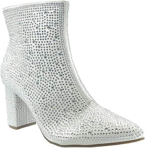 Forever Women's Rhinestone Chunky Ankle Bootie — White