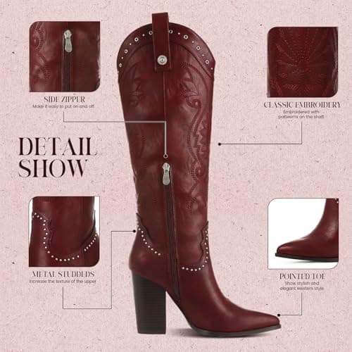 VOMIRA Women's Pointed Toe Chunky Heel Embroidered Knee High Cowboy Boots