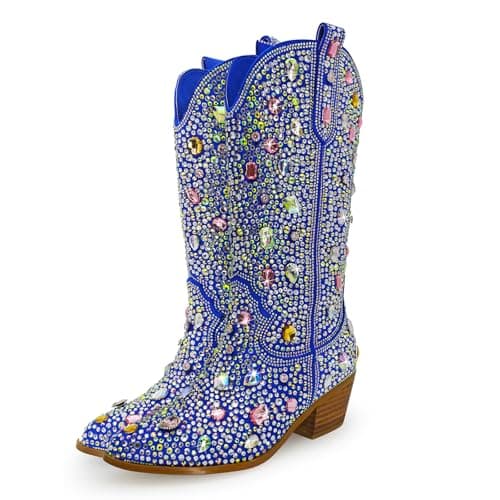 Sparkle Rhinestone Cowboy Boots for Women Western Mid Calf Glitter Pull-on Zipper Boots — Gem Blue