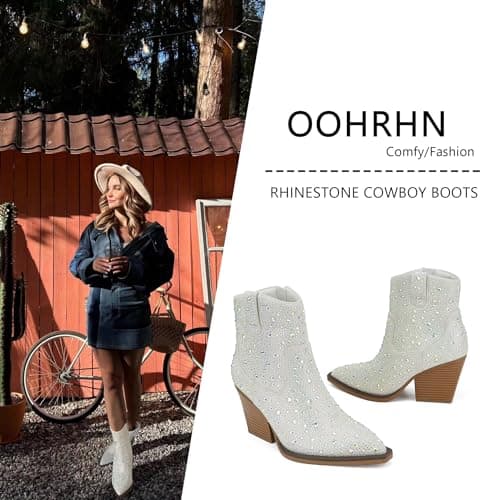 OOHRHN Women's Glitter Rhinestone Cowboy Booties Chunky Heel Pearl Detail