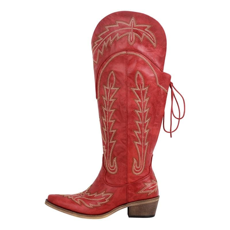 Western Cowboy Boots for Women Embroidered Thigh-High Cowgirl Style — Red-knee High