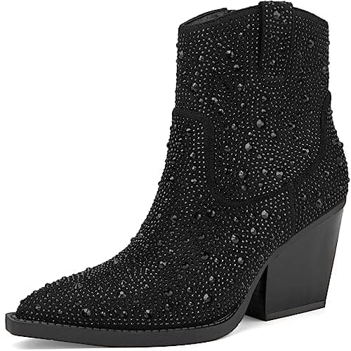 Rhinestone Boots for Women - Sparkly Cowboy Booties with Chunky Block Heel, Pearl Detail, and Pointed Toe — Black
