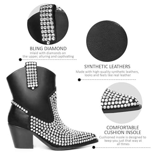 Gioanroca Rhinestone Cowboy Ankle Boots for Women Glitter Party Shoes
