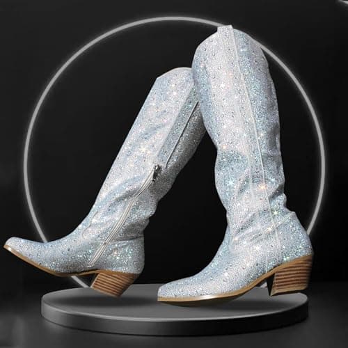 CIERWS Women's Embroidered Cowboy Boots Knee High Medium Heel