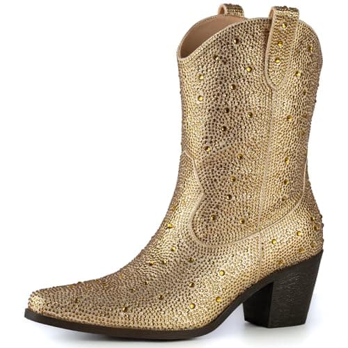 MISSMILLER Women's Sparkly Rhinestone Mid Calf Boots with Pull-OnTabs — Gold