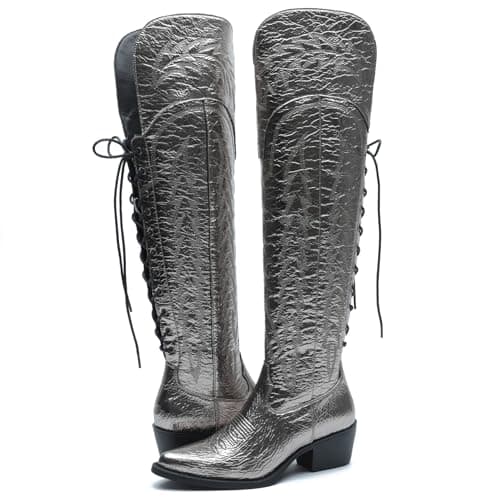 GLOBALWIN Women's Western Thigh High Cowboy Boot Low Heel — 23yy08 Silver