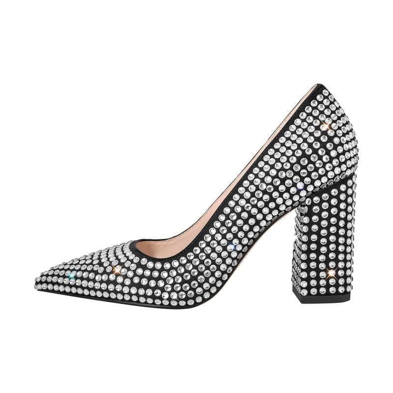 Richealnana Women's Rhinestones Pointed Toe Stiletto High Heels — Black-block4inch