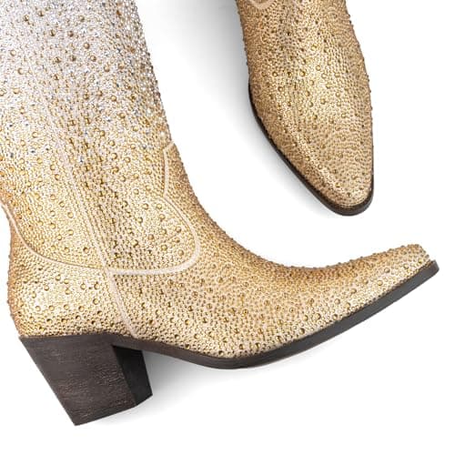 MISSMILLER Women's Rhinestone Mid Calf Sparkly Pointed Toe Cowgirl Boots with Pull-On Tabs