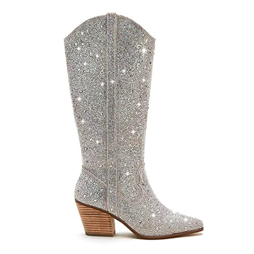 Atuelang Women's Sparkly Rhinestone Knee High Cowboy Boots — Rhinestone-knee High