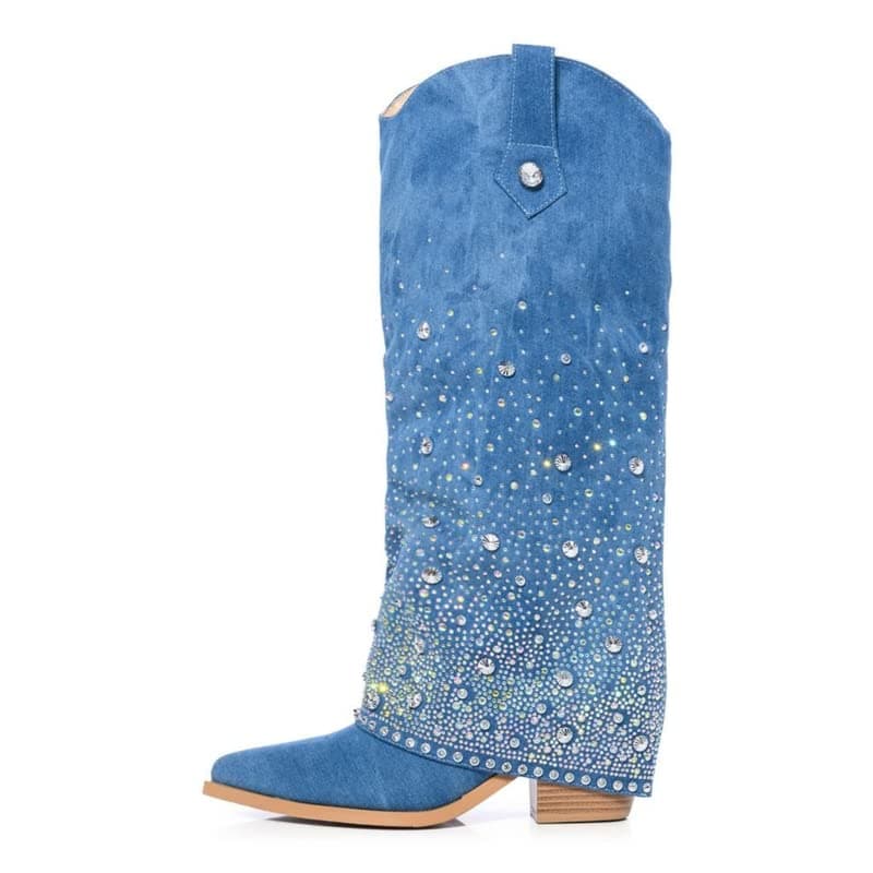 Sexytag Women's Sparkly Rhinestone Knee High Cowboy Boot