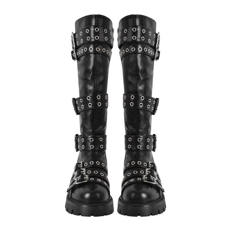Richealnana Women's Combat Knee High Boots with Lug Sole and Gothic Buckles