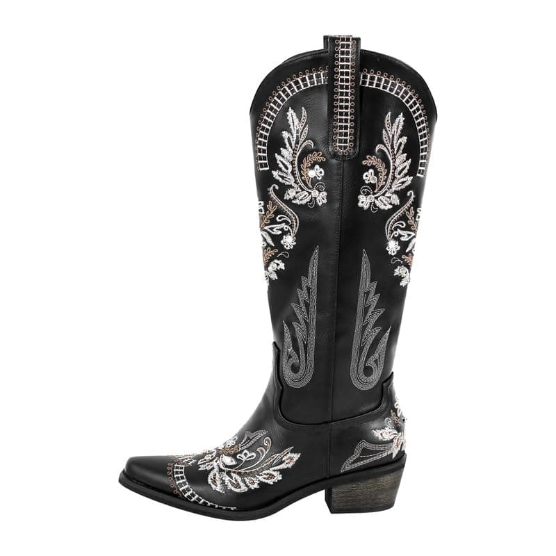 Richealnana Women's Cowgirl Short Embroidered Boots with Chunky Heels — Black-d
