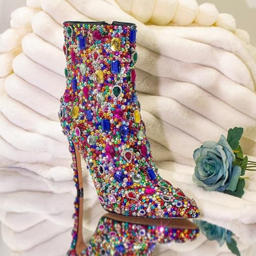 HOCHFART Women's Rhinestone High Heel Boots