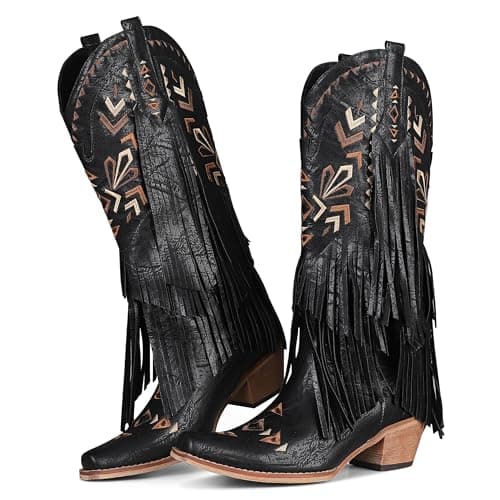 SaraIris Women's Knee High Cowgirl Fringe Boots — 1black