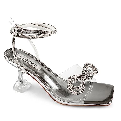 Zzheels Clear Crystal Double Bowknot Slingback Heels for Party and Weddings — 2.76“silver