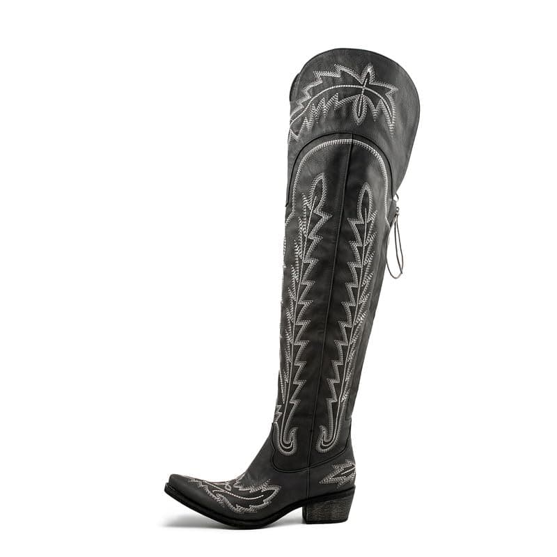 Atuelang Thigh High Western Embroidered Cowgirl Boots — Black