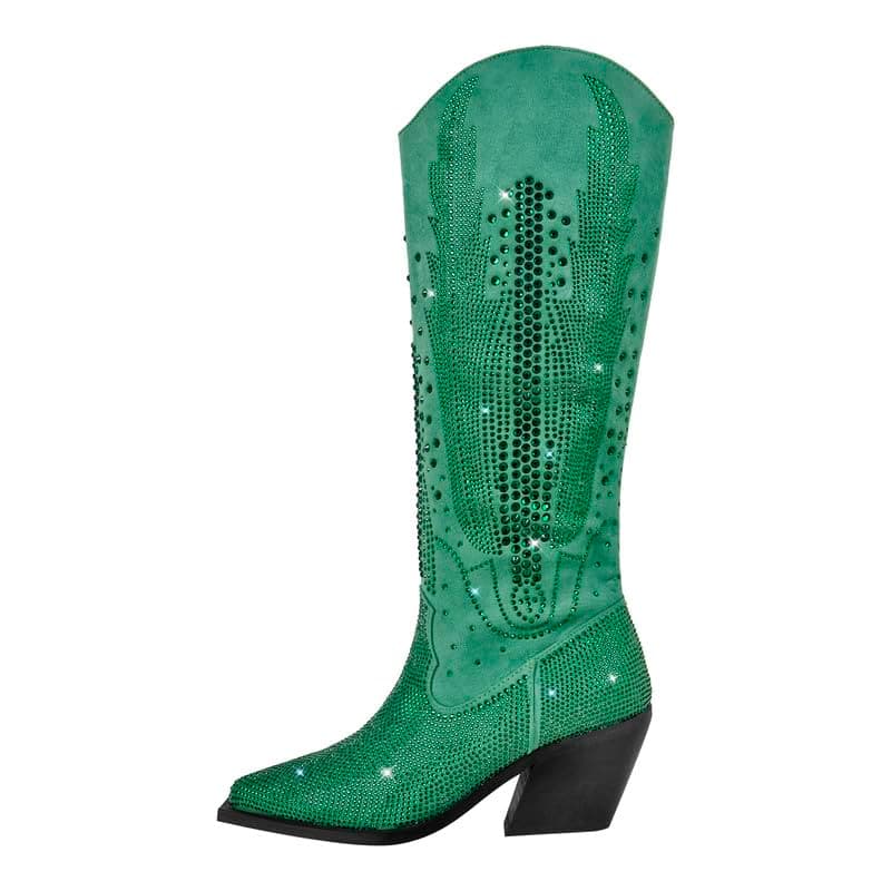 LISHAN Women's Rhinestone Knee High Boots with Chunky Heel Pull-On Shoes — Green 6.5cm Heel
