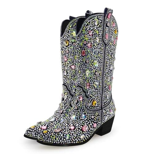 Sparkle Rhinestone Cowboy Boots for Women Western Mid Calf Glitter Pull-on Zipper Boots — Gem Black