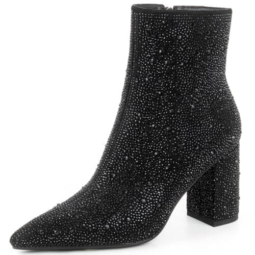 MISSMILLER Rhinestone Chunky Heel Pointed Toe Ankle Boots for Women — Black