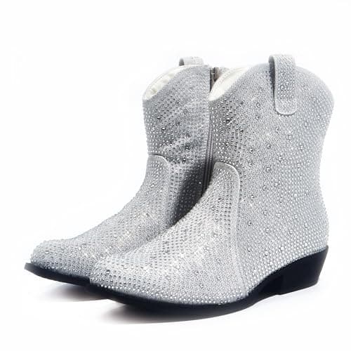 PEPPEP Collection Western Cowgirl Boots for Women, Vegan Leather, Embroidered Mid Calf Heel — Silver Rhinestone