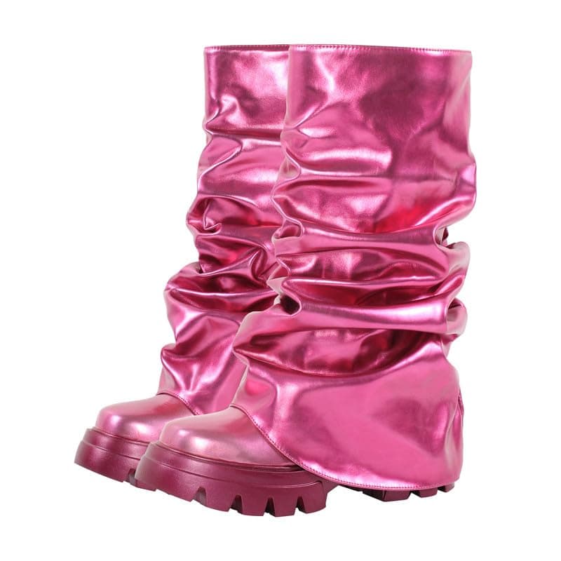 Sexytag Women's Metallic Slouchy Foldover Platform Round Toe Boots