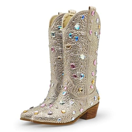 Sparkle Rhinestone Cowboy Boots for Women Western Mid Calf Glitter Pull-on Zipper Boots