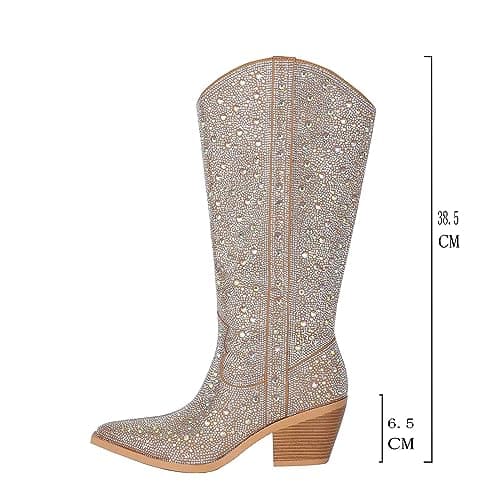 Lunhonk Women's Sparkly Rhinestone Western Boot - Pointed Toe, Mid-Calf, Pull-On Heel Boot
