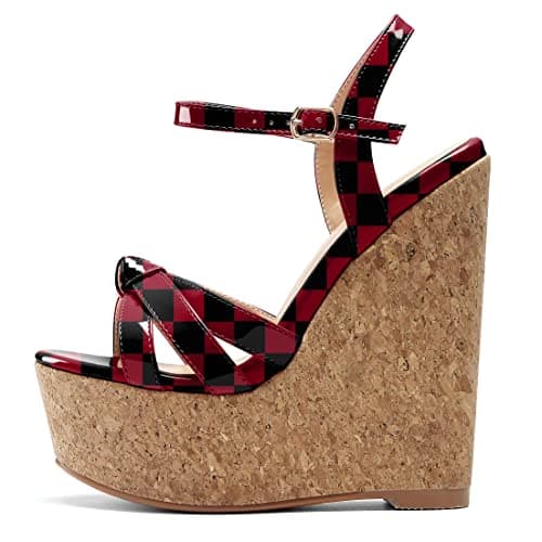 YODEKS Women's Platform Wedge Sandals-Ankle Strap Heel — Checkered Red