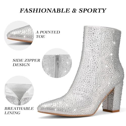 Glitter Rhinestone Boots for Women Pointed Toe Chunky Heel