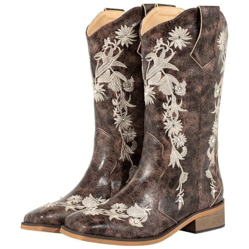 SheSole Women's Floral Rhinestones Square Toe Cowboy Boots — Brown