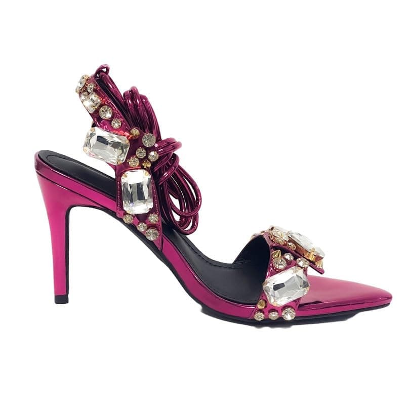 LISHAN Women's Rhinestone Anklet Strappy Pointed Heel High Heels Lace-Up Sandals — Rose Red